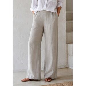 Flax 100% Linen Wide Leg Pants Medium - Large Taupe Tan Elastic Waist Lagonlook